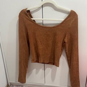 wild fable Ribbed Long-Sleeve Crop Top in Cognac Brown